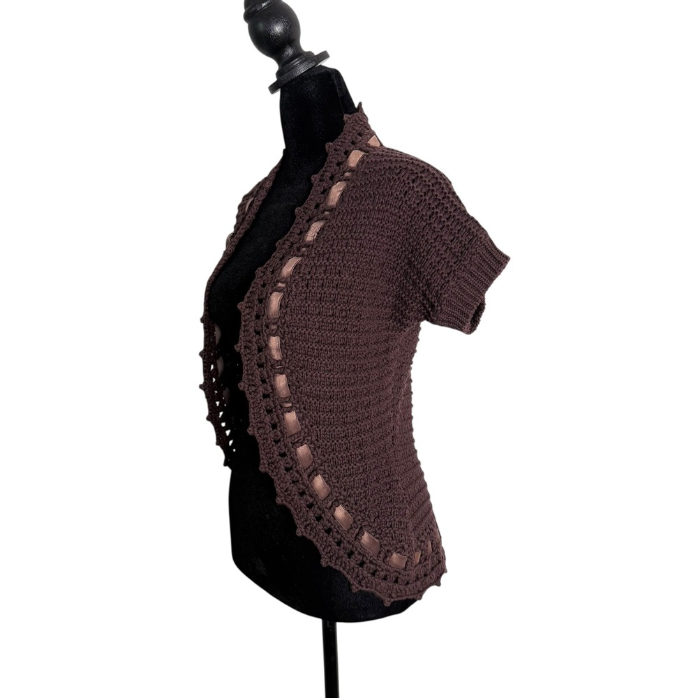Brown Crochet Knit Shrug‎ Bolero Open Cardigan Size XS Indie Layering BOHO